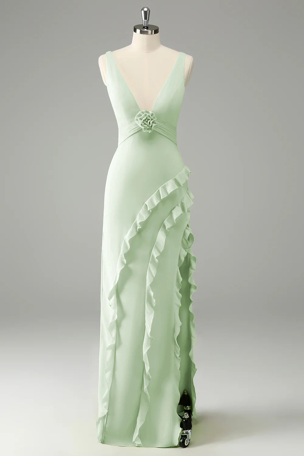 Lime A Line V Neck Floral Ruffle Open Back Bridesmaid Dress with Slit