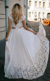 A Line Bateau Chiffon and Lace Floor length Short Sleeve Wedding Dress with Ribbon