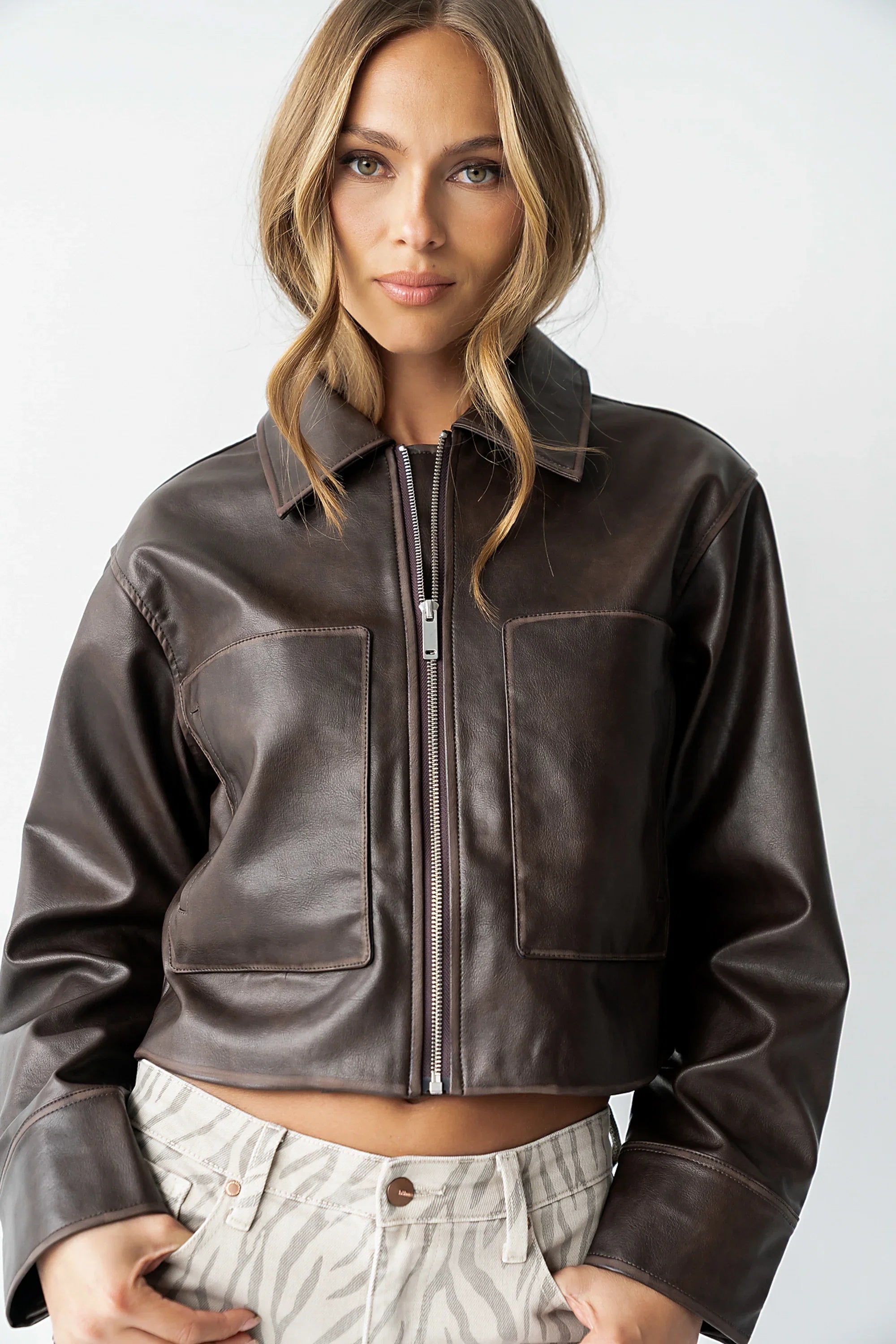 Jaymie Vegan Leather Jacket in Brown