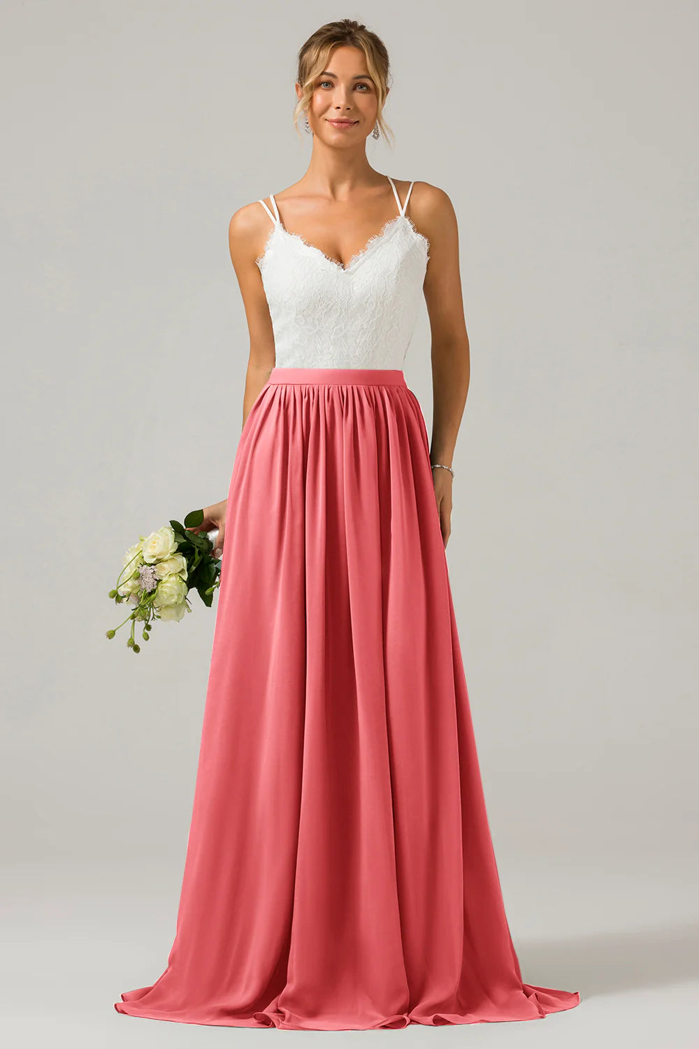 A Line Spaghetti Straps Pleated Long Bridesmaid Dress With Lace