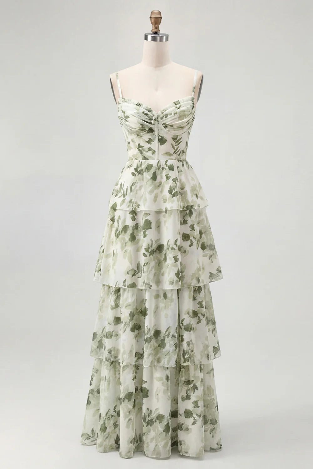Dusty Sage A Line Corset Tiered Print Floral Long Bridesmaid Dress with Slit