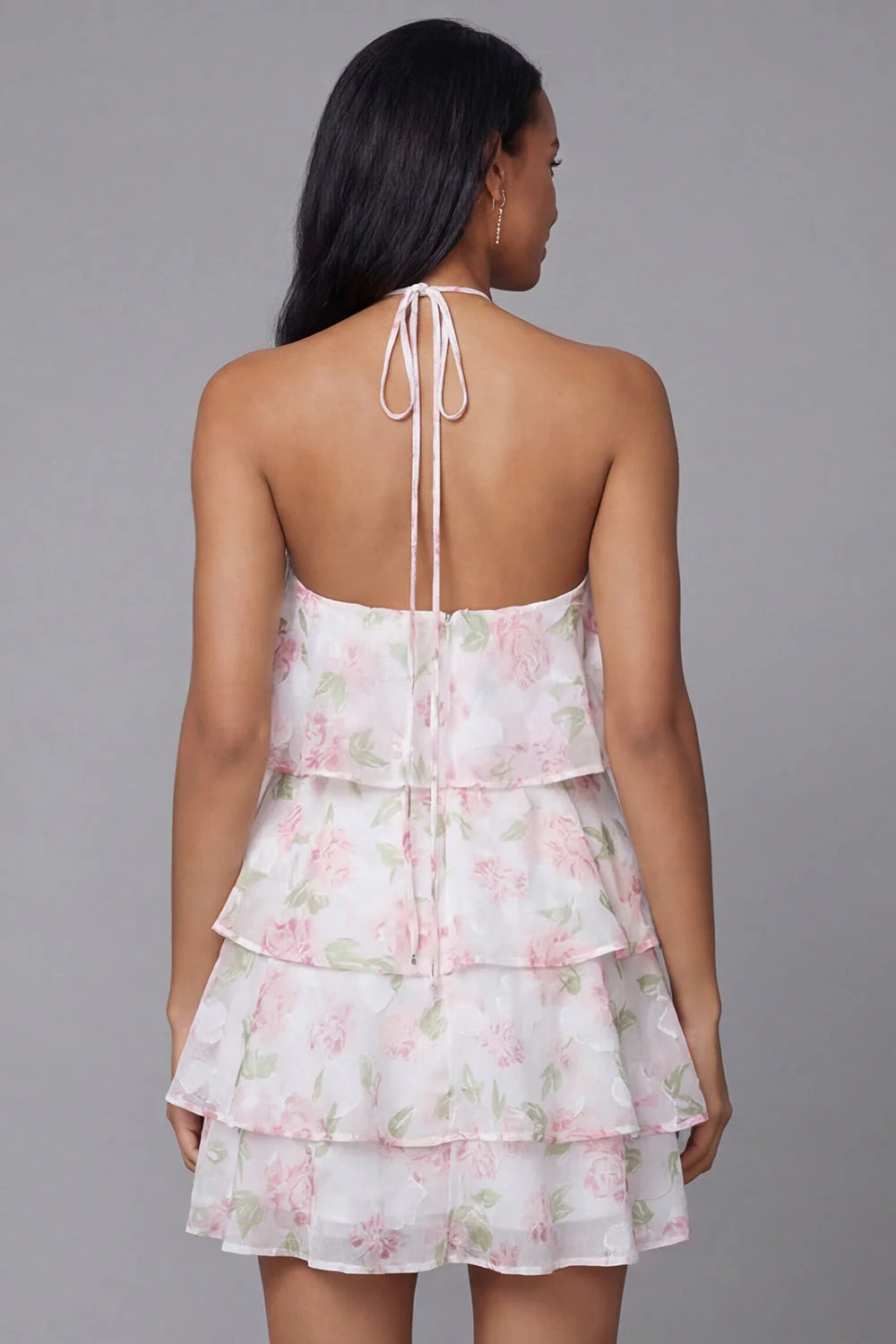 Floral Pink Halter Tiered Mini Dress