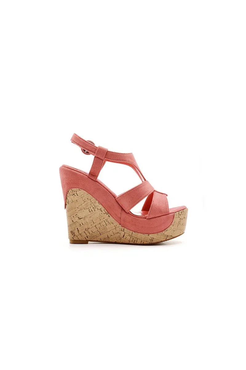 Suede Wood Grain Peep Toe Platform Wedges Sandals