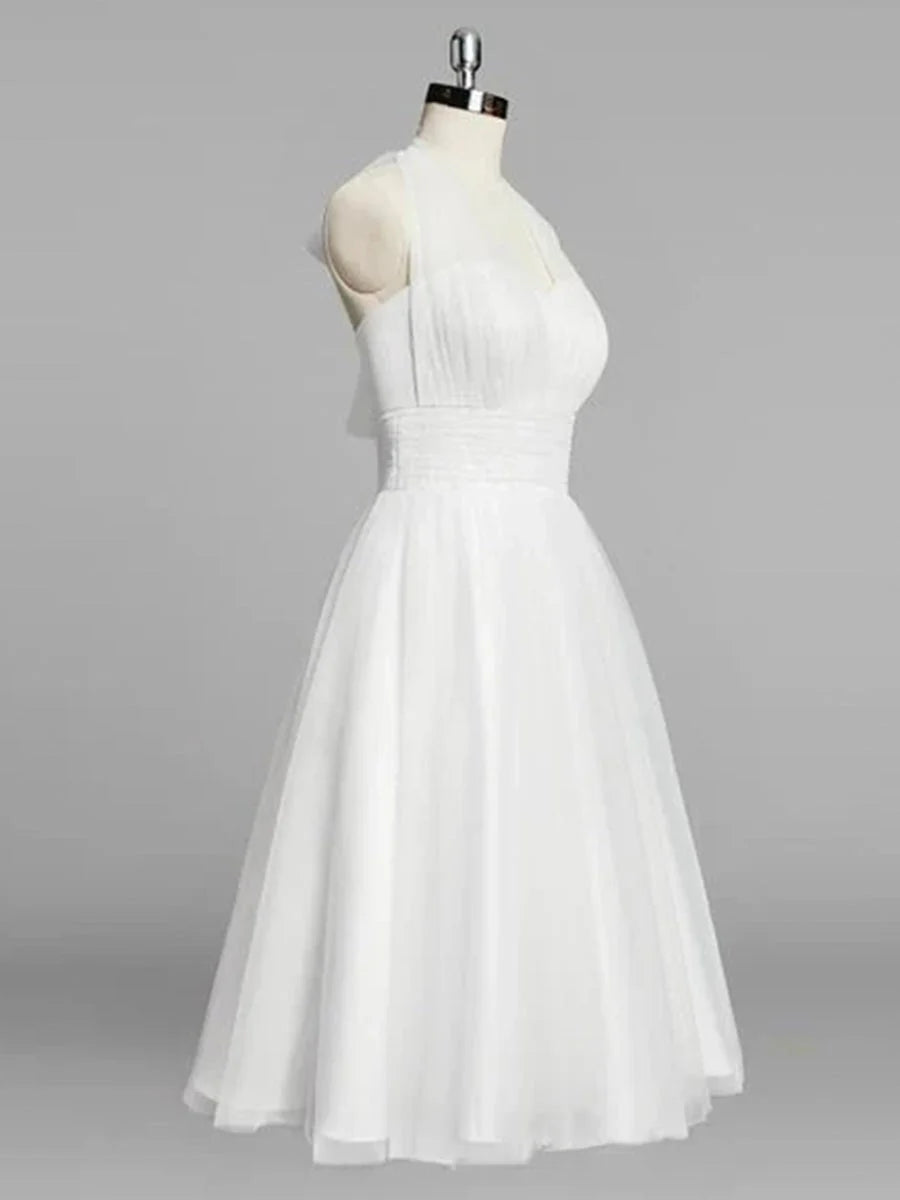 Halter A Line Tea Length Tulle Wedding Dress With Ruching