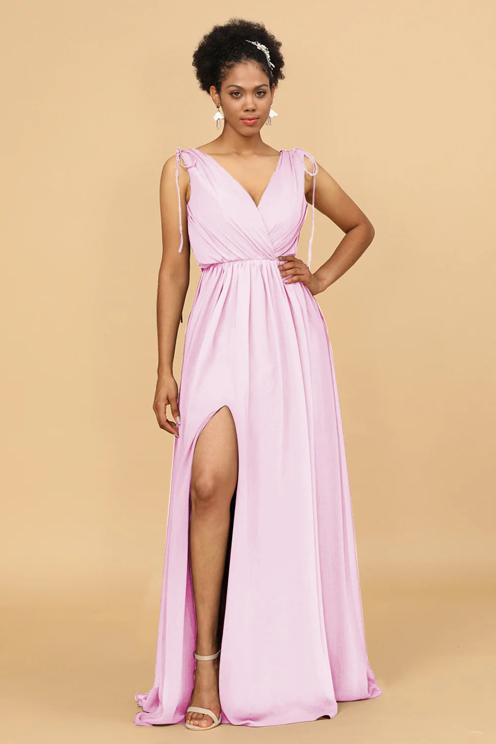 A Line Ruched V Neck Sleeveless Chiffon Bridesmaid Dress with Slit
