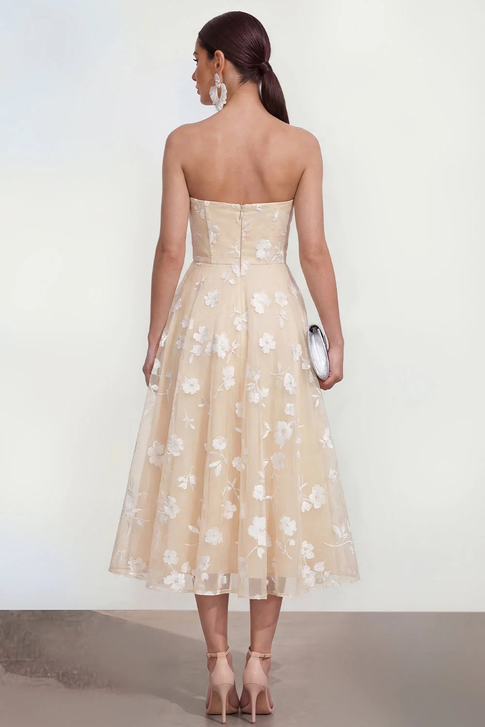 Strapless Floral Blue A Line Wedding Guest Dress