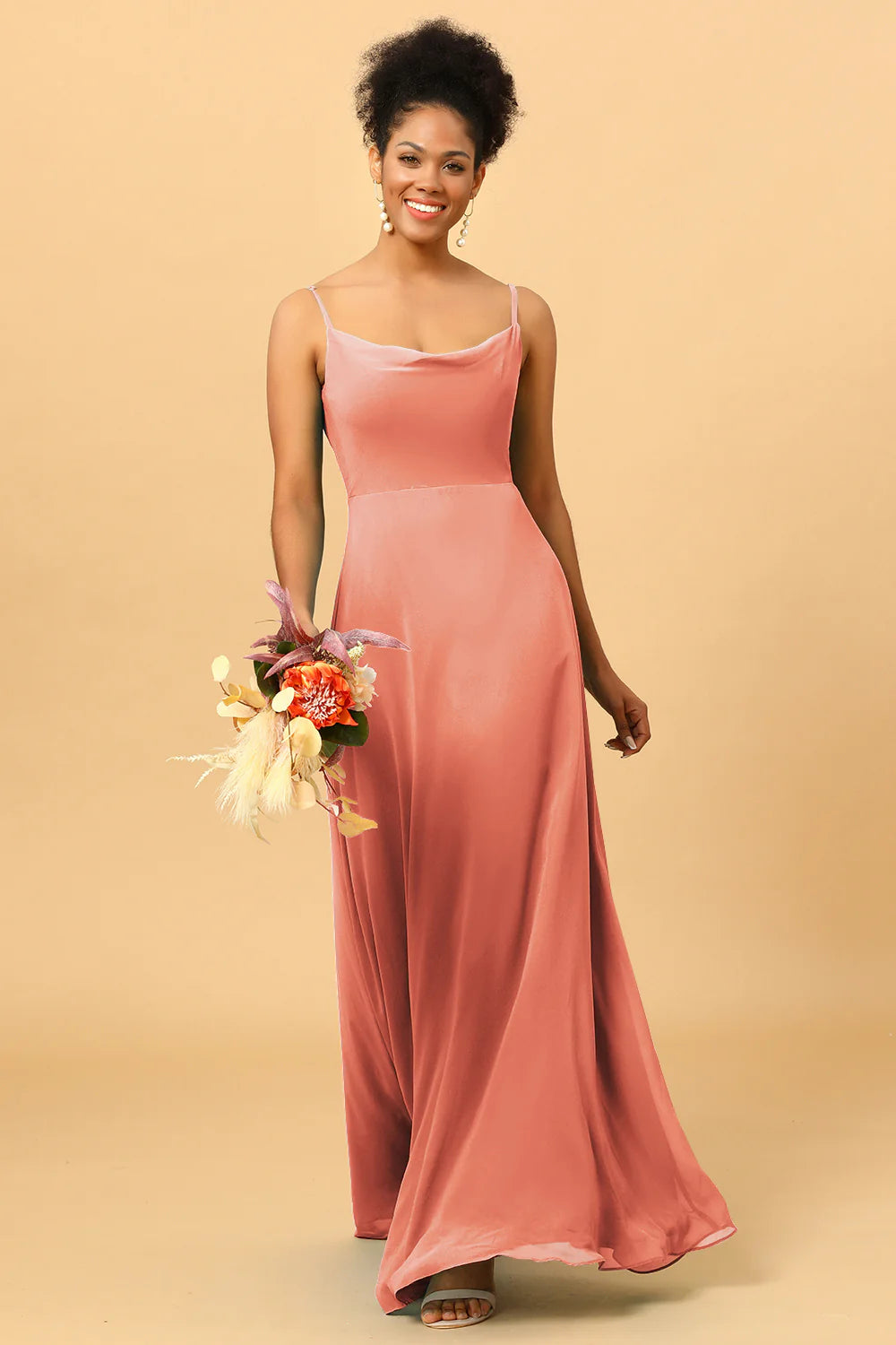Sheath Spaghetti Straps Long Chiffon Bridesmaid Dress