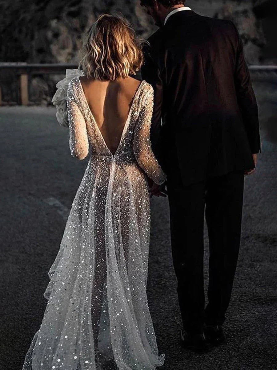 Bohemian A Line Sparkly Sequined Luxury Wedding Dresses