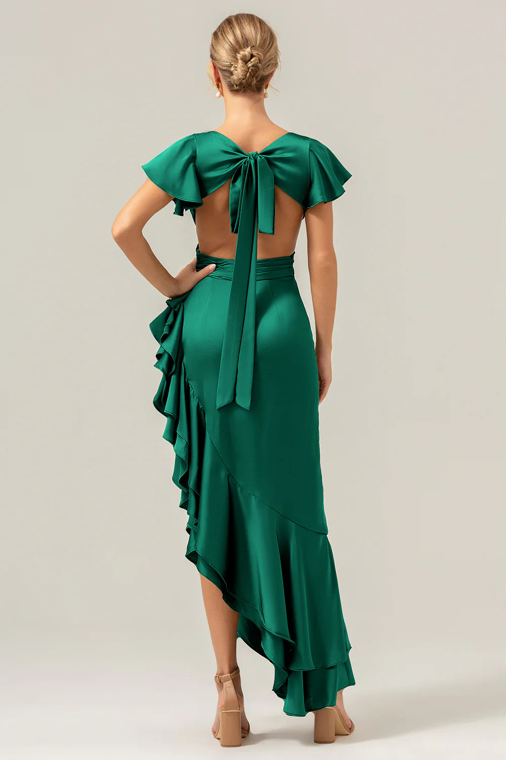 A Line V Neck Asymmetrical Olive Bridesmaid Dress with Ruffle Slit