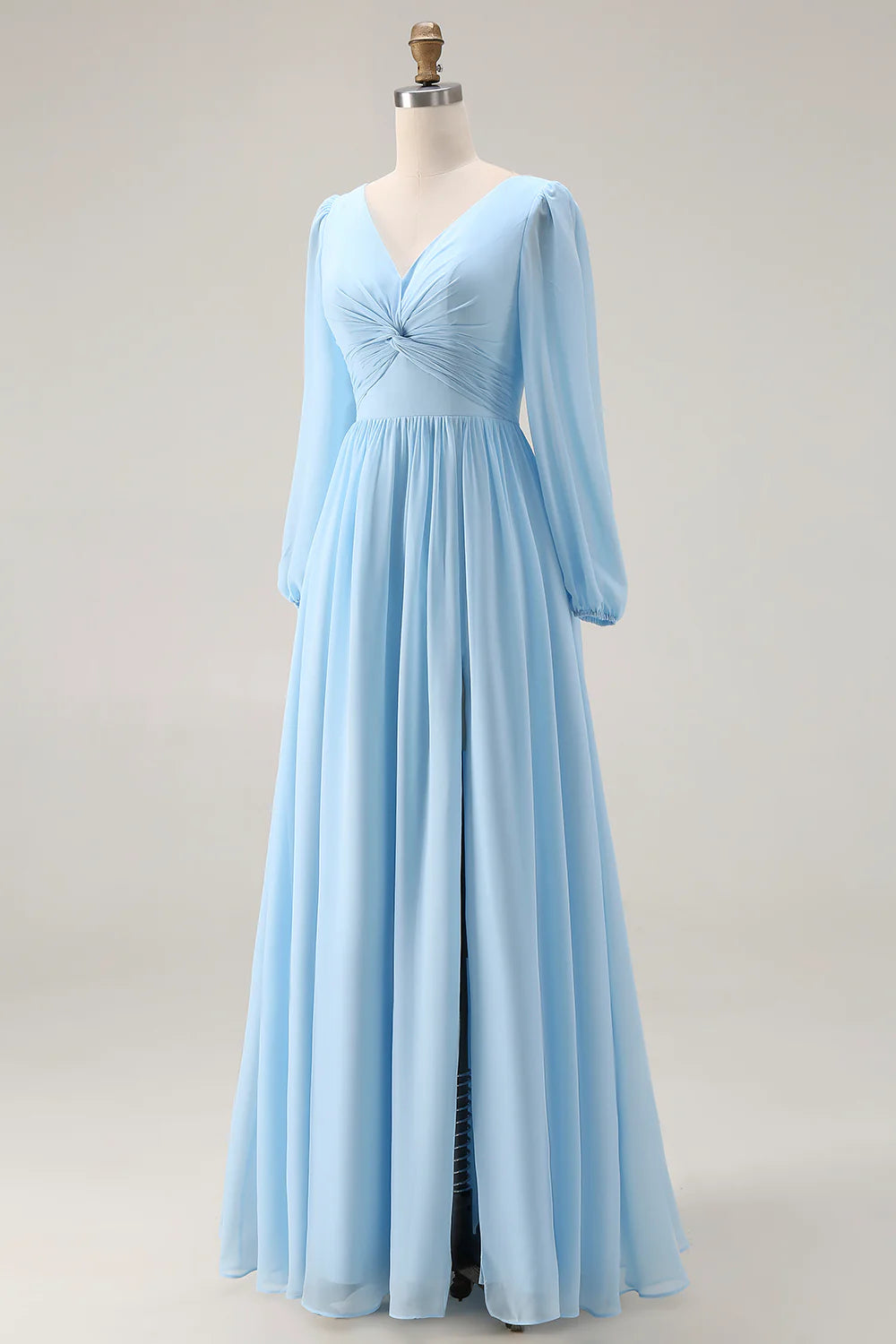 Sky Blue Ruched A Line V Neck Long Sleeve Bridesmaid Dress with Slit