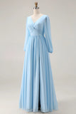 Sky Blue Ruched A Line V Neck Long Sleeve Bridesmaid Dress with Slit