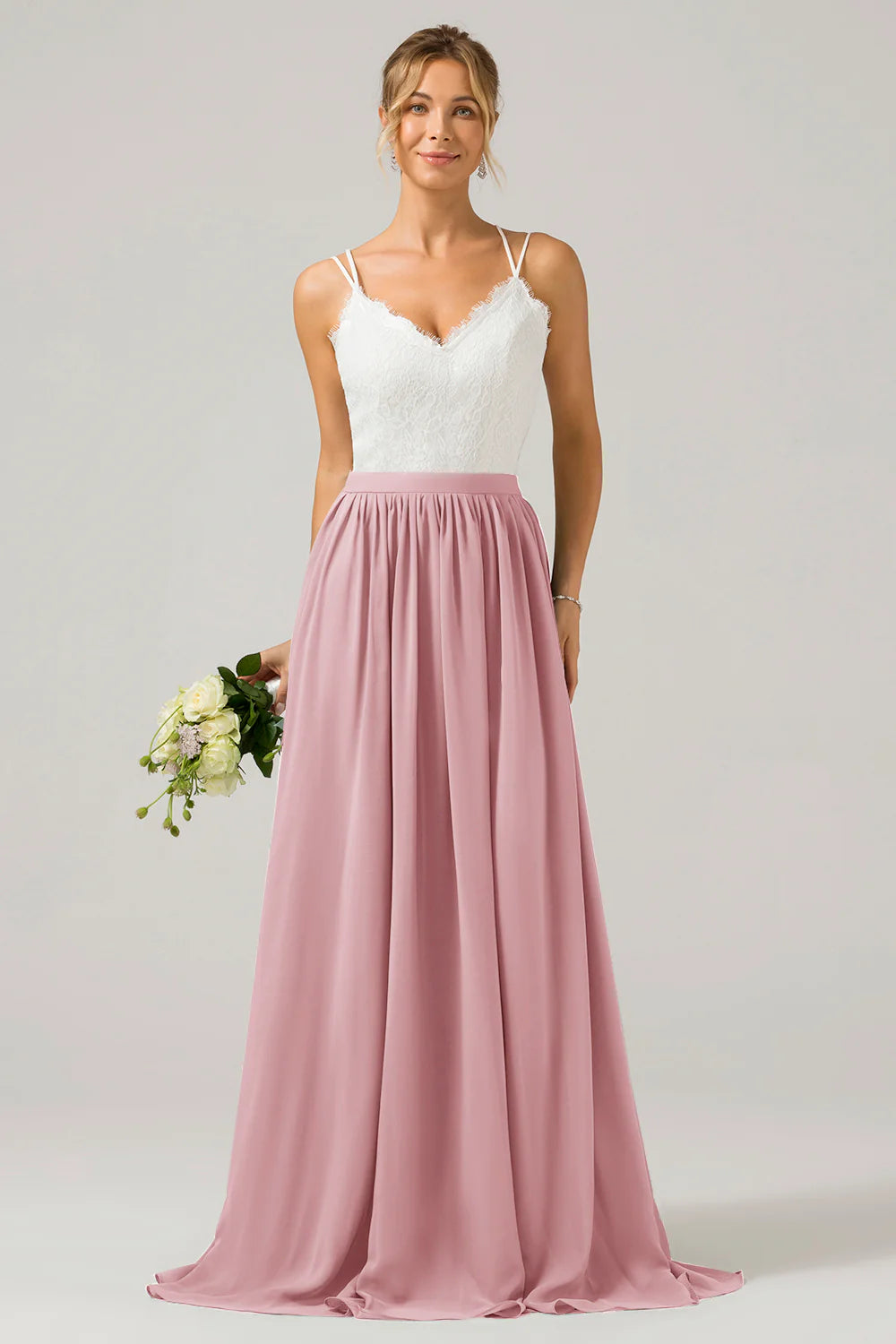 A Line Spaghetti Straps Pleated Long Bridesmaid Dress With Lace