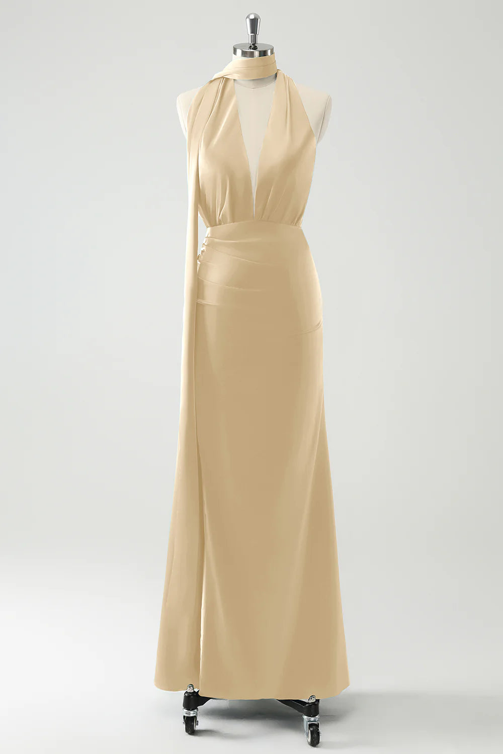 Burgundy Sheath Convertible Deep V Neck Ruched Long Bridesmaid Dress with Open Back