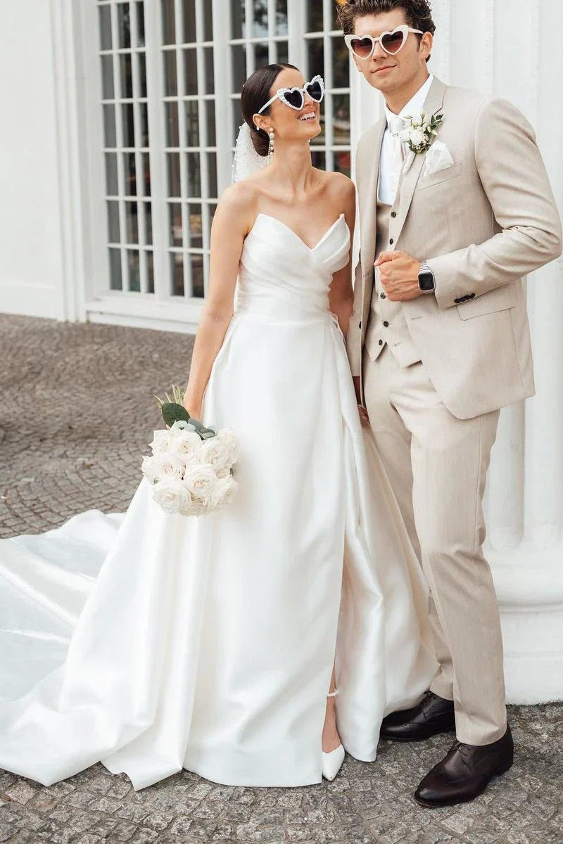Elegant A Line Strapless White Satin Wedding Dresses With Slit