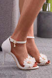 White Floral Embellished Ankle Strap Stiletto Wedding Sandals