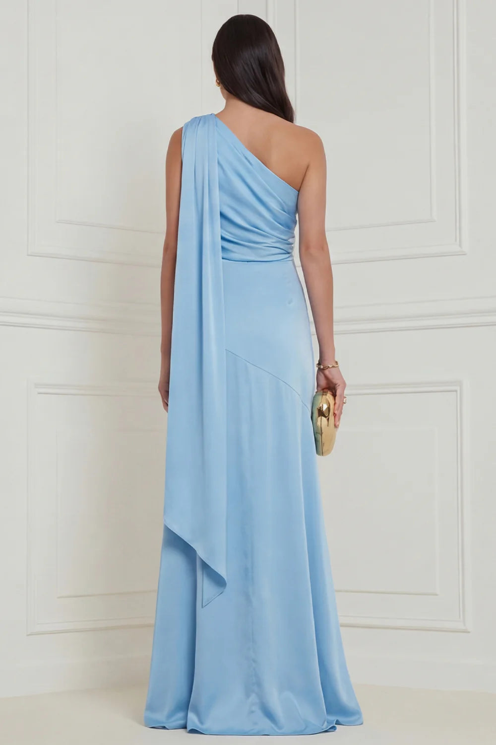 Sky Blue One Shoulder A Line 3D Flower High Low Wedding Guest Dress with Sash