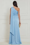 Sky Blue One Shoulder A Line 3D Flower High Low Wedding Guest Dress with Sash