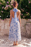 Blue Floral A Line Halter Pleated Wedding Guest Dress