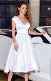 Modern V neck A Line Satin Tea length Wedding Dress with Sash