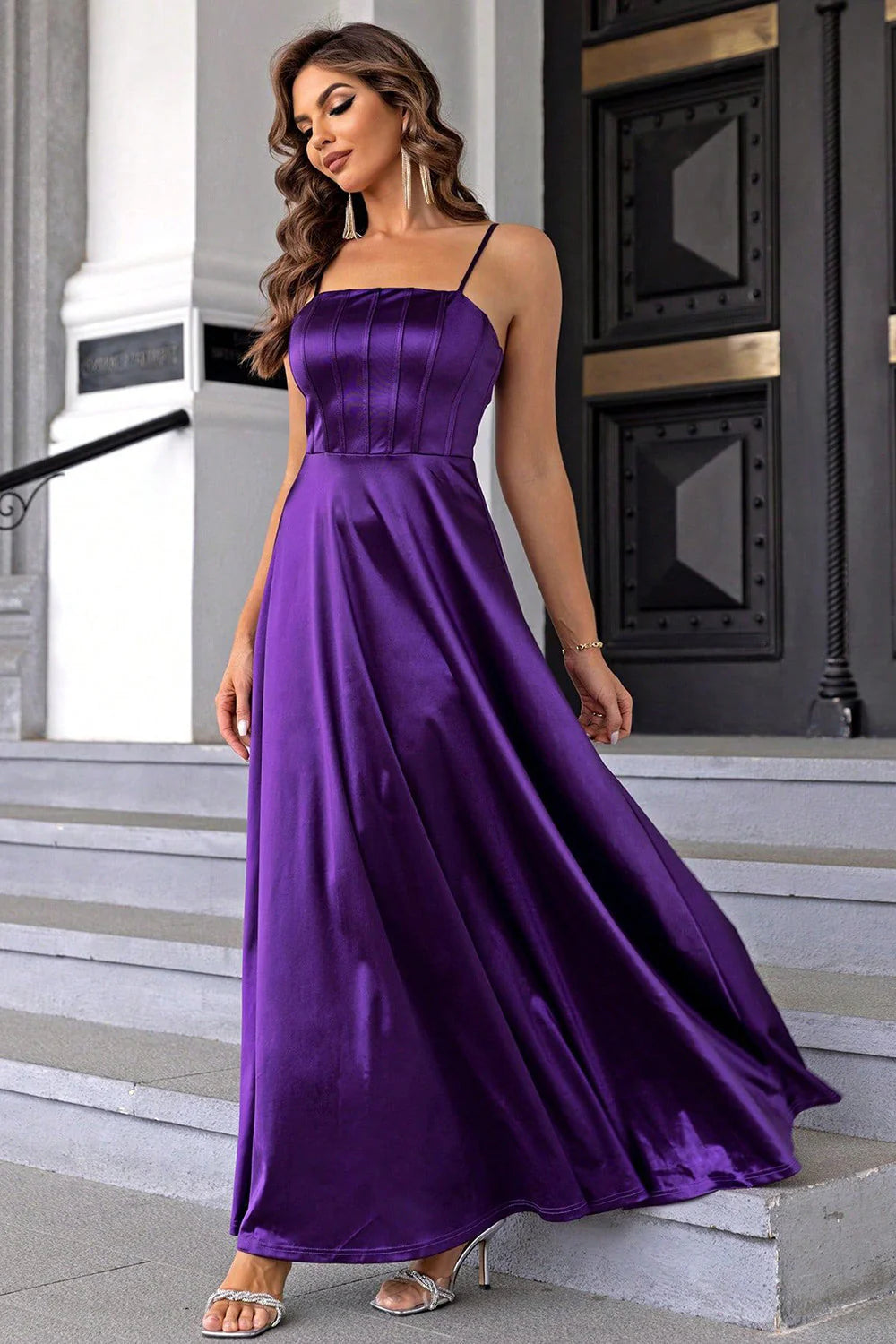 Purple Spaghetti Straps A line Satin Prom Dress