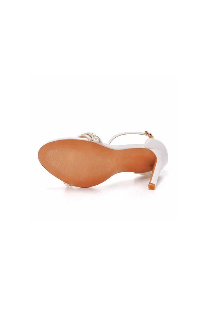 Pearl Embellished White Ankle Strap Stiletto Heels