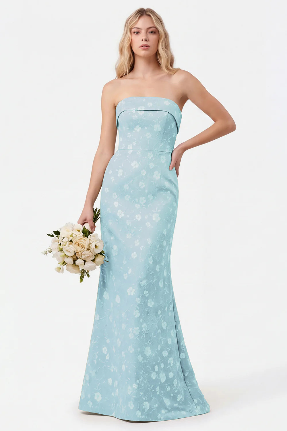 Strapless Mermaid Sage Floral Jacquard Bridesmaid Dress