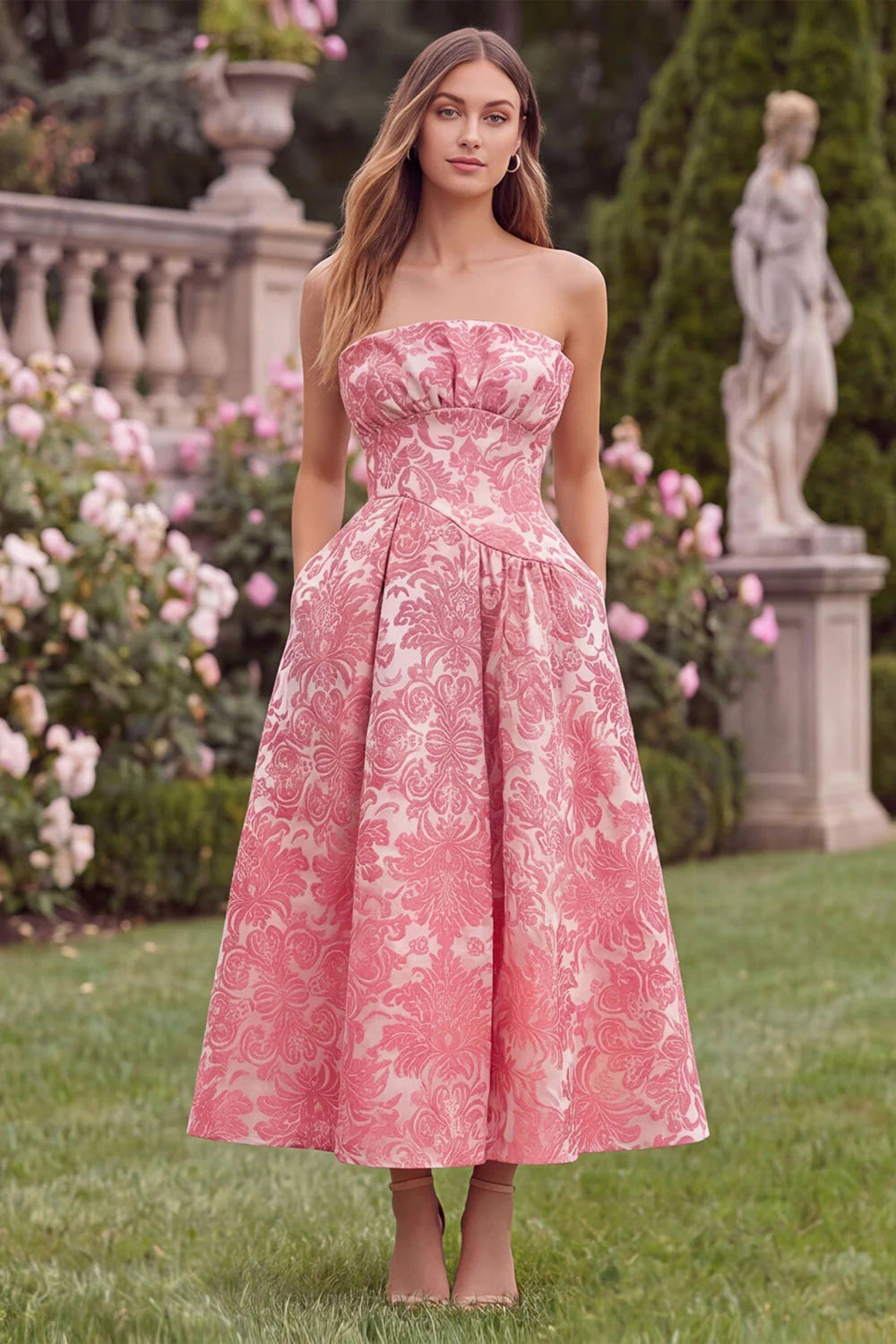 Strapless A Line Pink Floral Jacquard Wedding Guest Dress with Pockets