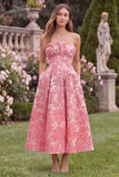 Strapless A Line Pink Floral Jacquard Wedding Guest Dress with Pockets