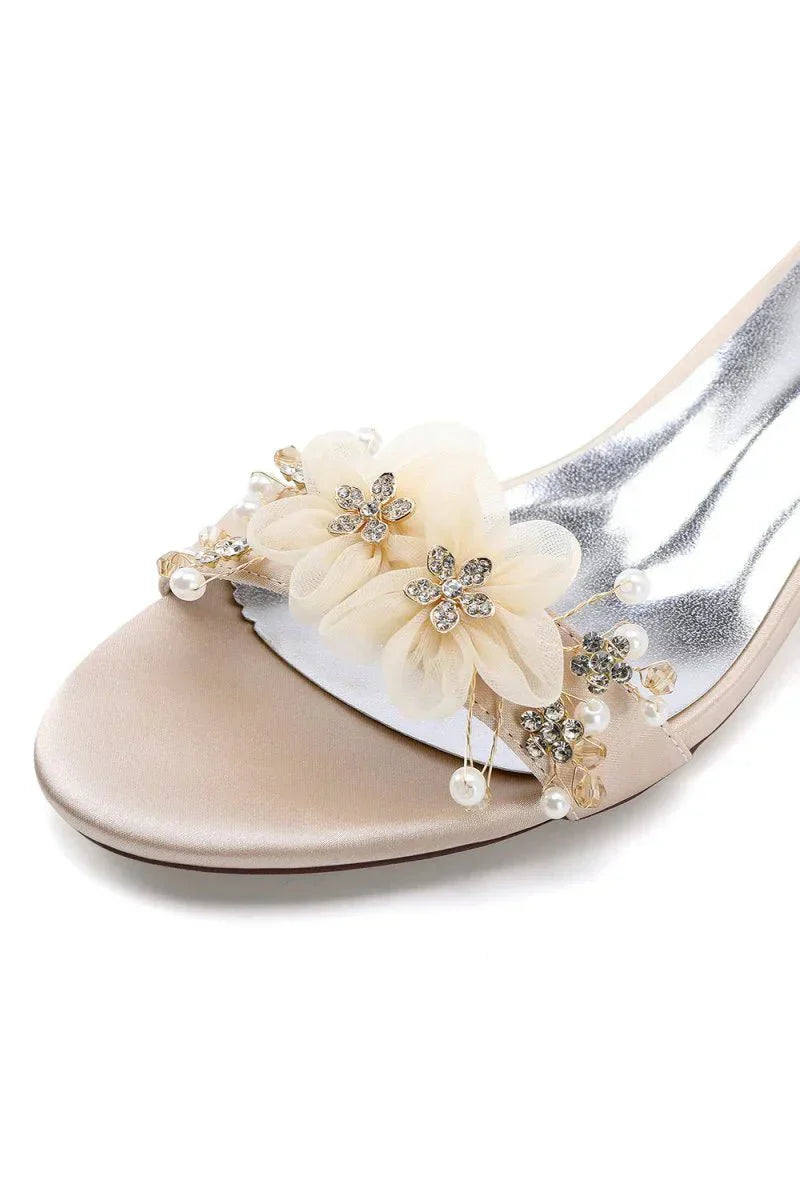 Satin Block Heel Sandal Featuring Delicate Floral Rhinestone Decorations