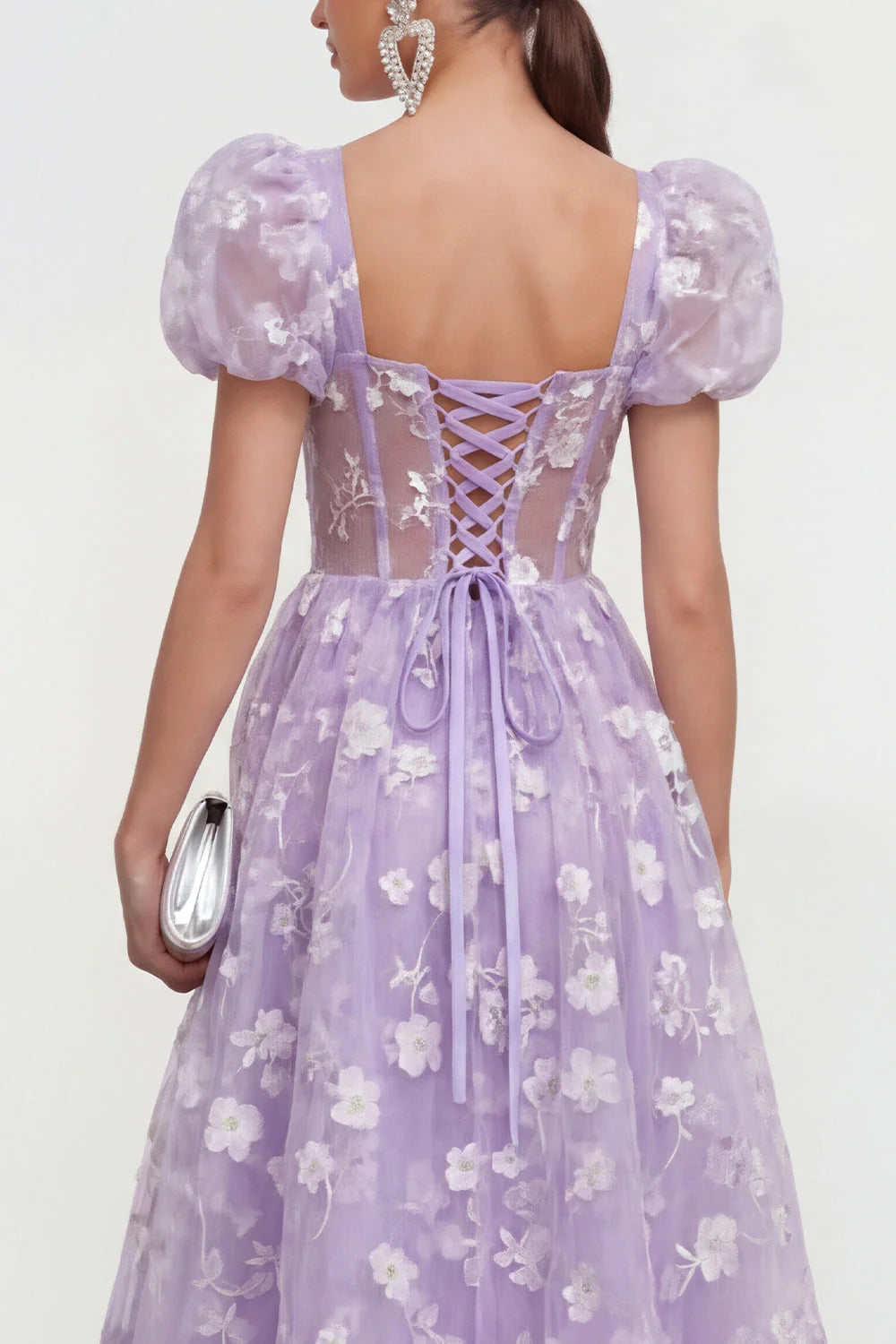 Floral Pink Puff Sleeve A Line Corset Wedding Guest Dress