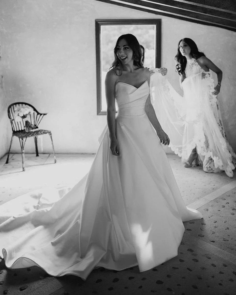 Elegant A Line Sweetheart Satin Long Wedding Dresses