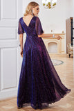 Sparkly A Line V Neck Purple Party Dress with Short Sleeves