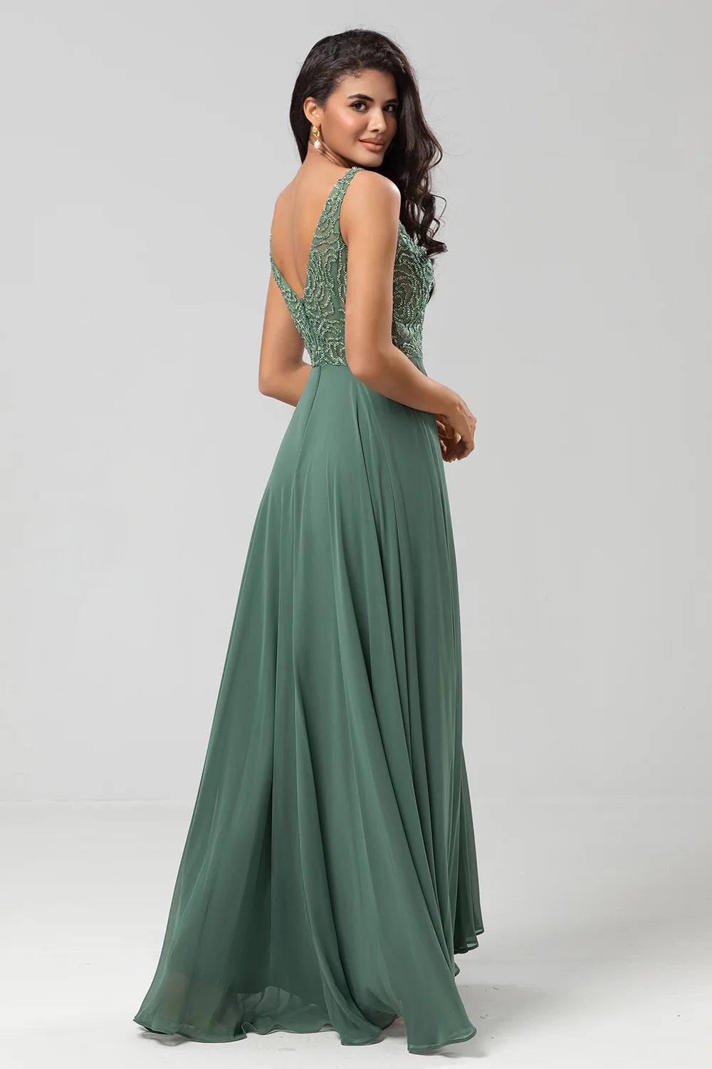 A Line Beaded Eucalyptus Long Bridesmaid Dress