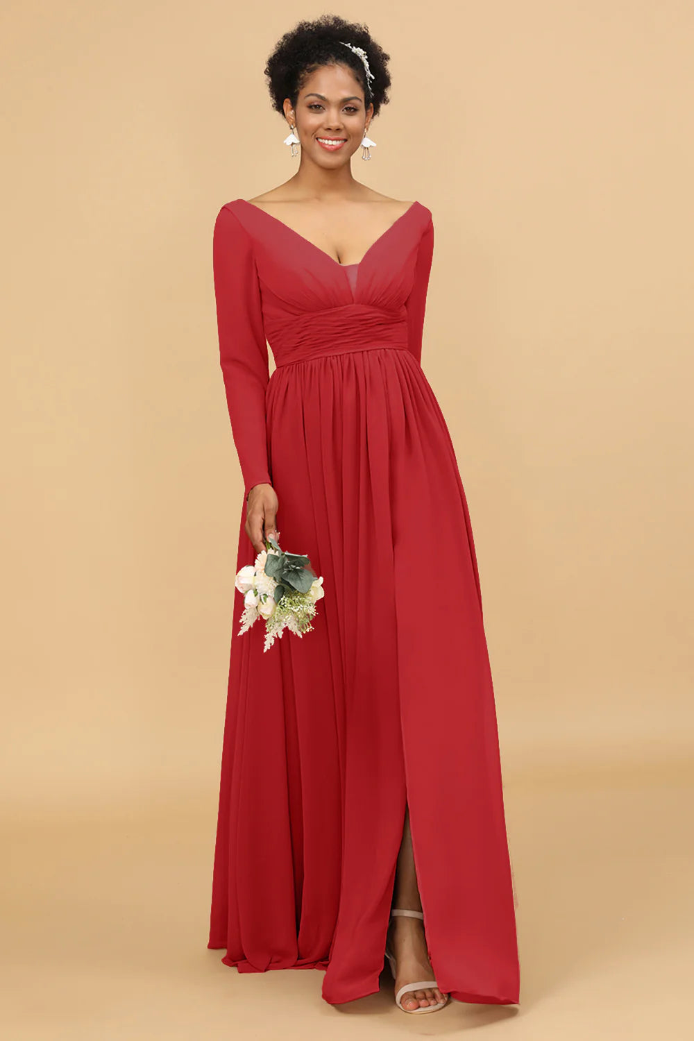 A Line V Neck Long Sleeves Chiffon Bridesmaid Dress with Slit