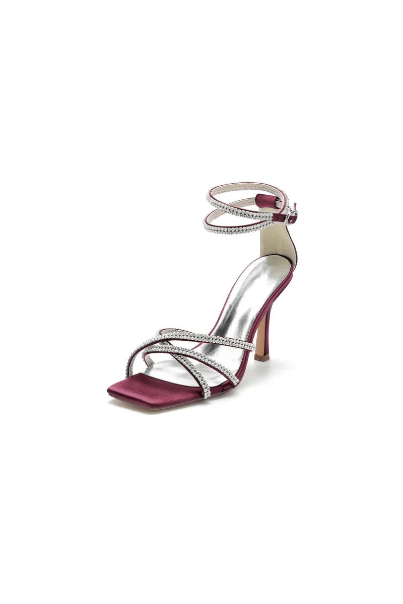 Square Open Toe Beaded Strap Buckle Stiletto Heels