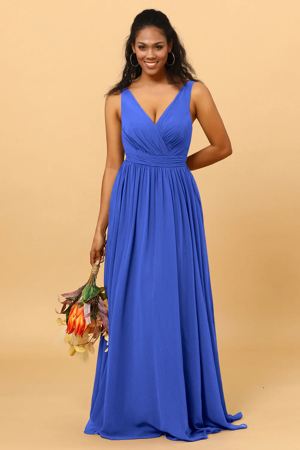 A Line V Neck Pleated Floor Length Long Chiffon Bridesmaid Dress