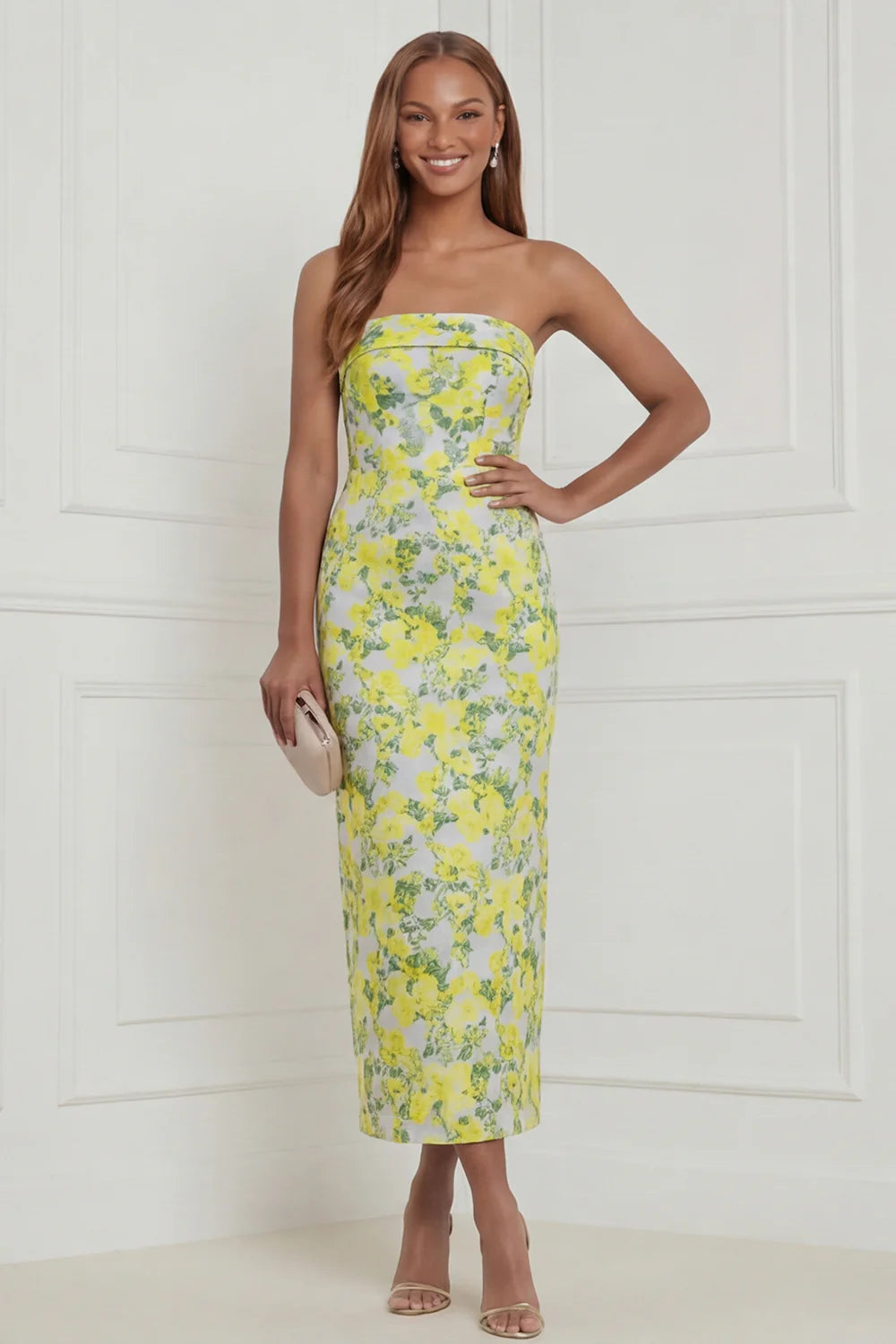Strapless Fuchsia Sheath Floral Midi Wedding Guest Dress with Bow
