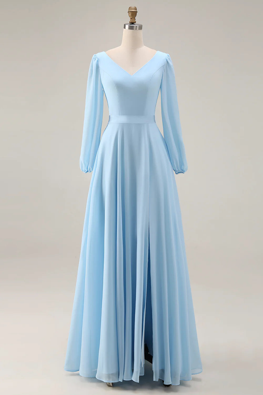 Sky Blue A Line V Neck Chiffon Long Sleeve Bridesmaid Dress