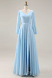Sky Blue A Line V Neck Chiffon Long Sleeve Bridesmaid Dress