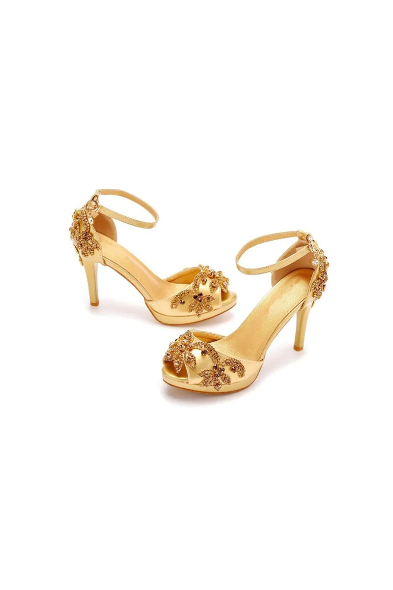 Rhinestone Flowers Decor Peep Toe Platform Stiletto Ankle strap High Heels