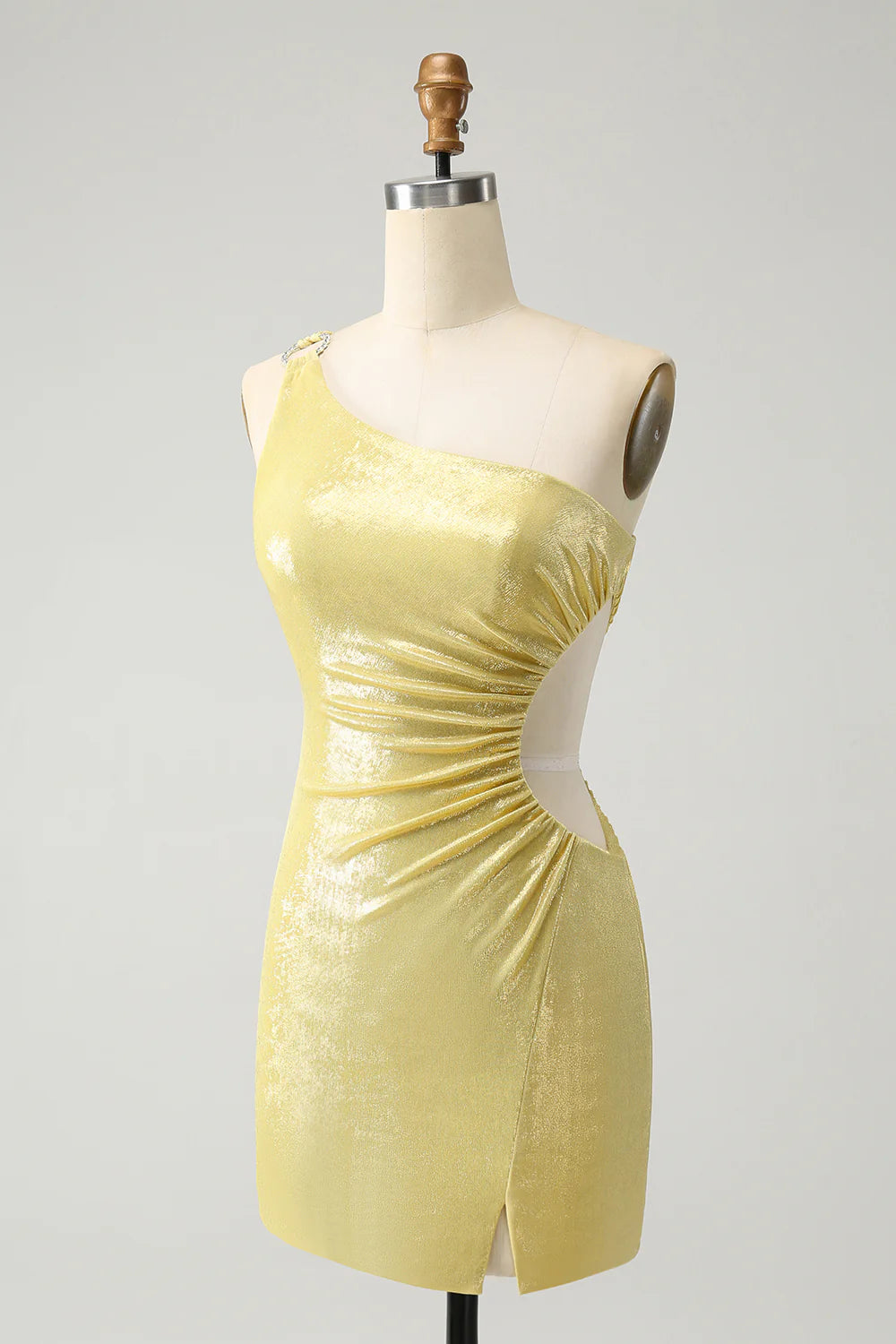 Sparkly Yellow Bodycon One Shoulder Hollow Out Pleated Metallic Homecoming Dress