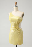 Sparkly Yellow Bodycon One Shoulder Hollow Out Pleated Metallic Homecoming Dress