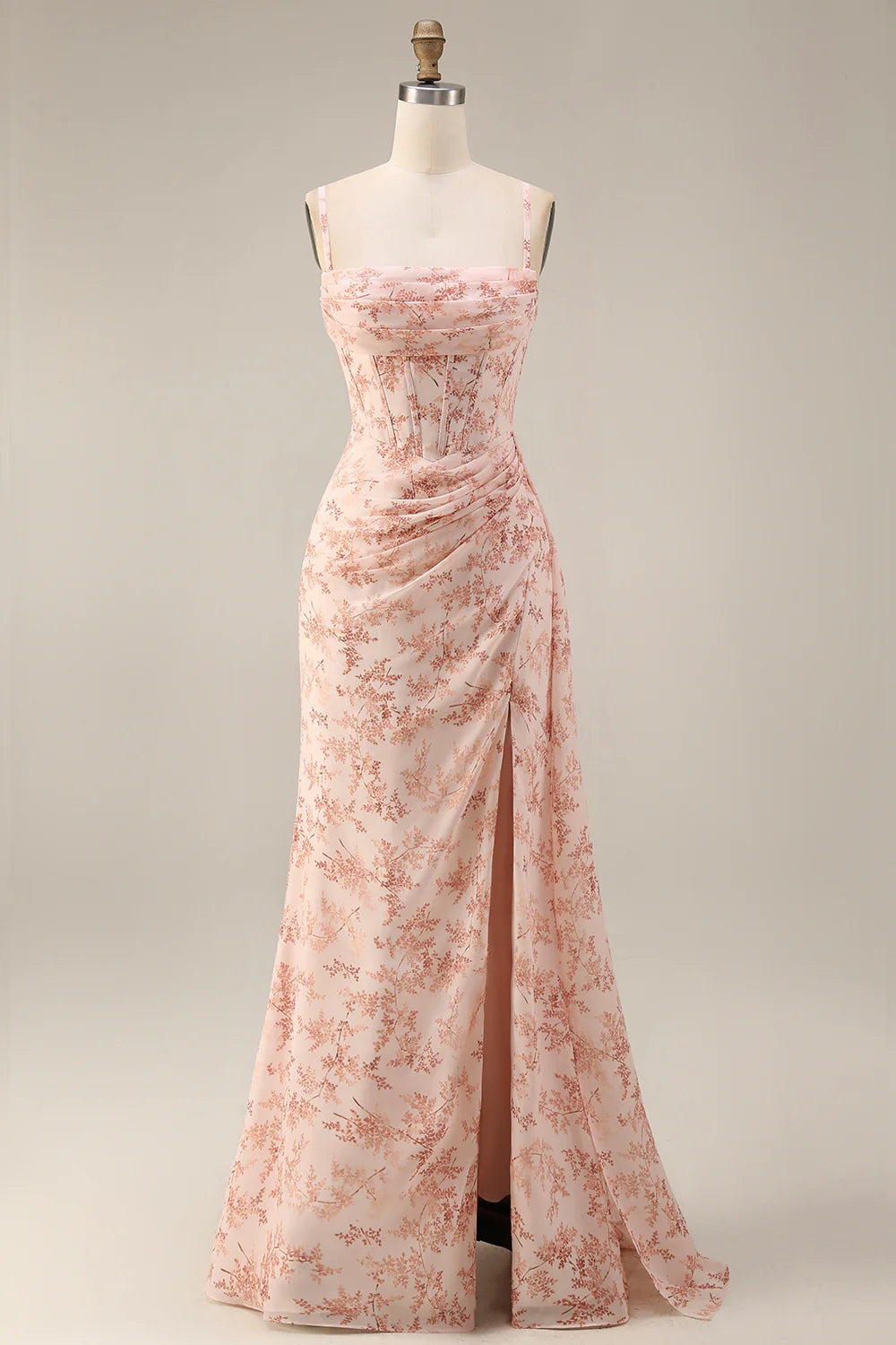 Dusty Sage Sheath Spaghetti Straps Pleated Long Bridesmaid Dress with Slit