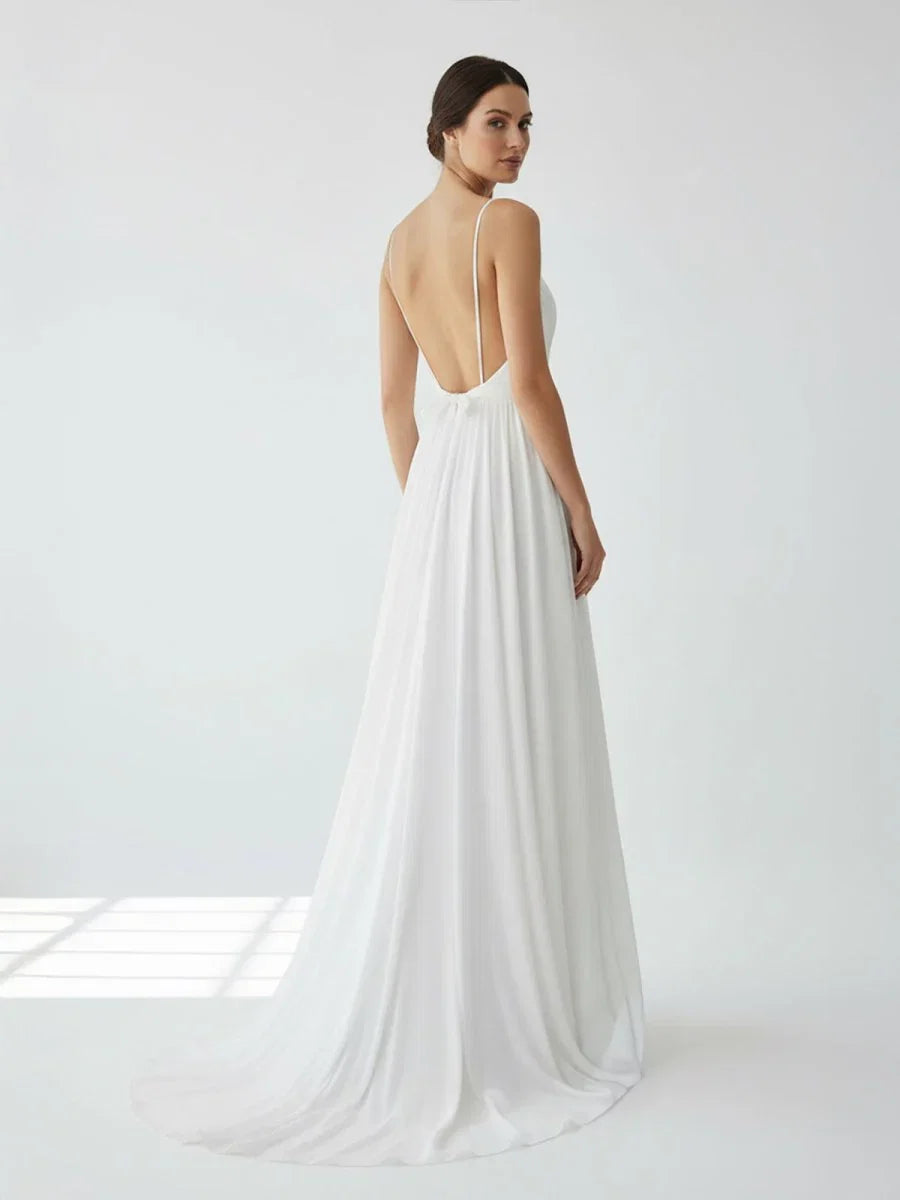 A Line V Neck Straps Spaghetti Sheath Chiffon Wedding Dress