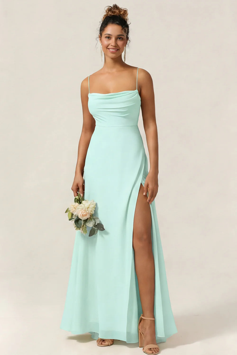 Blue Flower A Line Spaghetti Straps Chiffon Long Bridesmaid Dress with Slit
