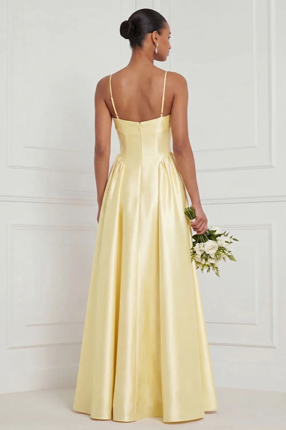 Satin A Line Spaghetti Straps Yellow Bridesmaid Dress