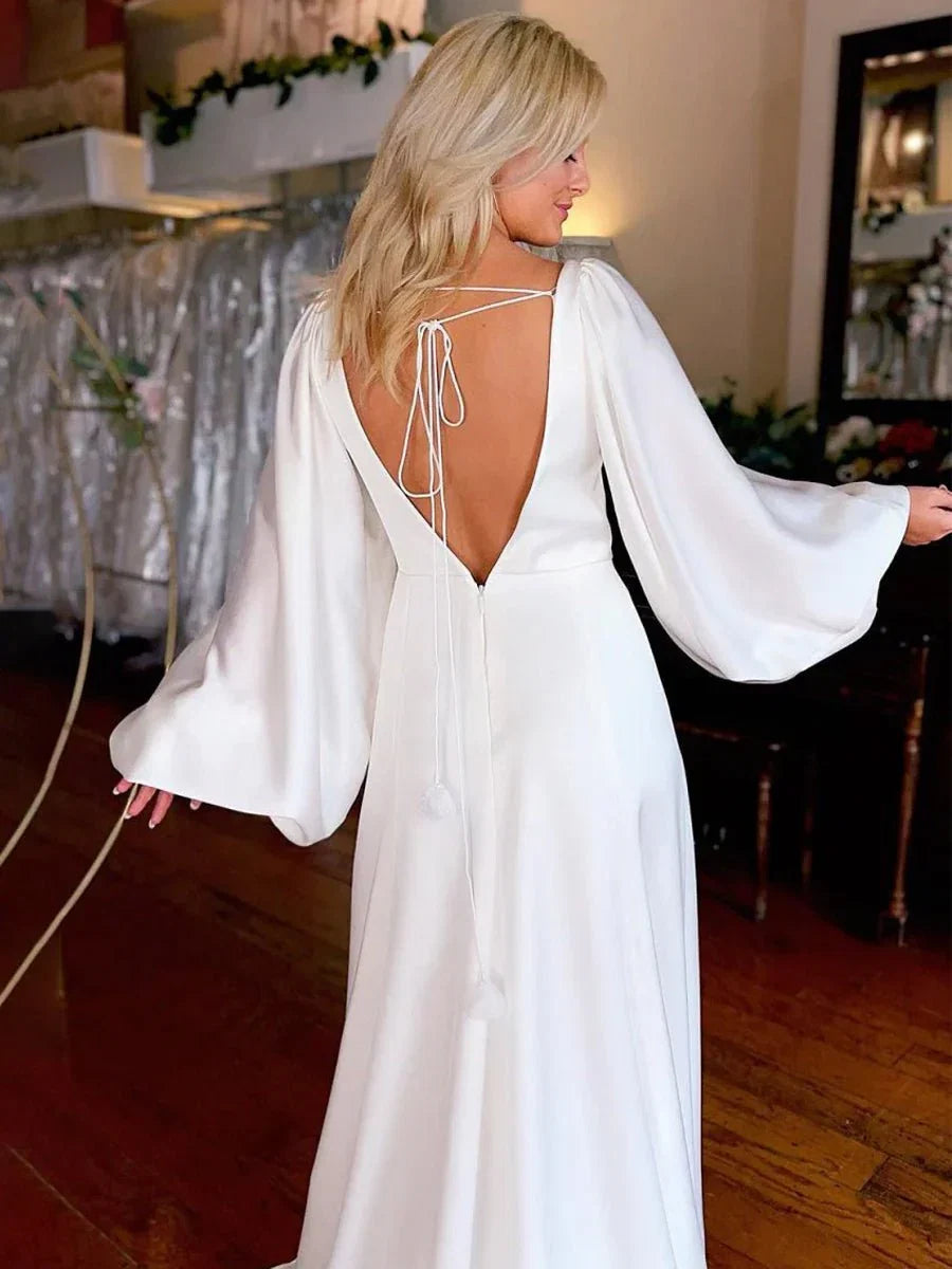 White Satin Simple A Line Long Wedding Dress with Slit