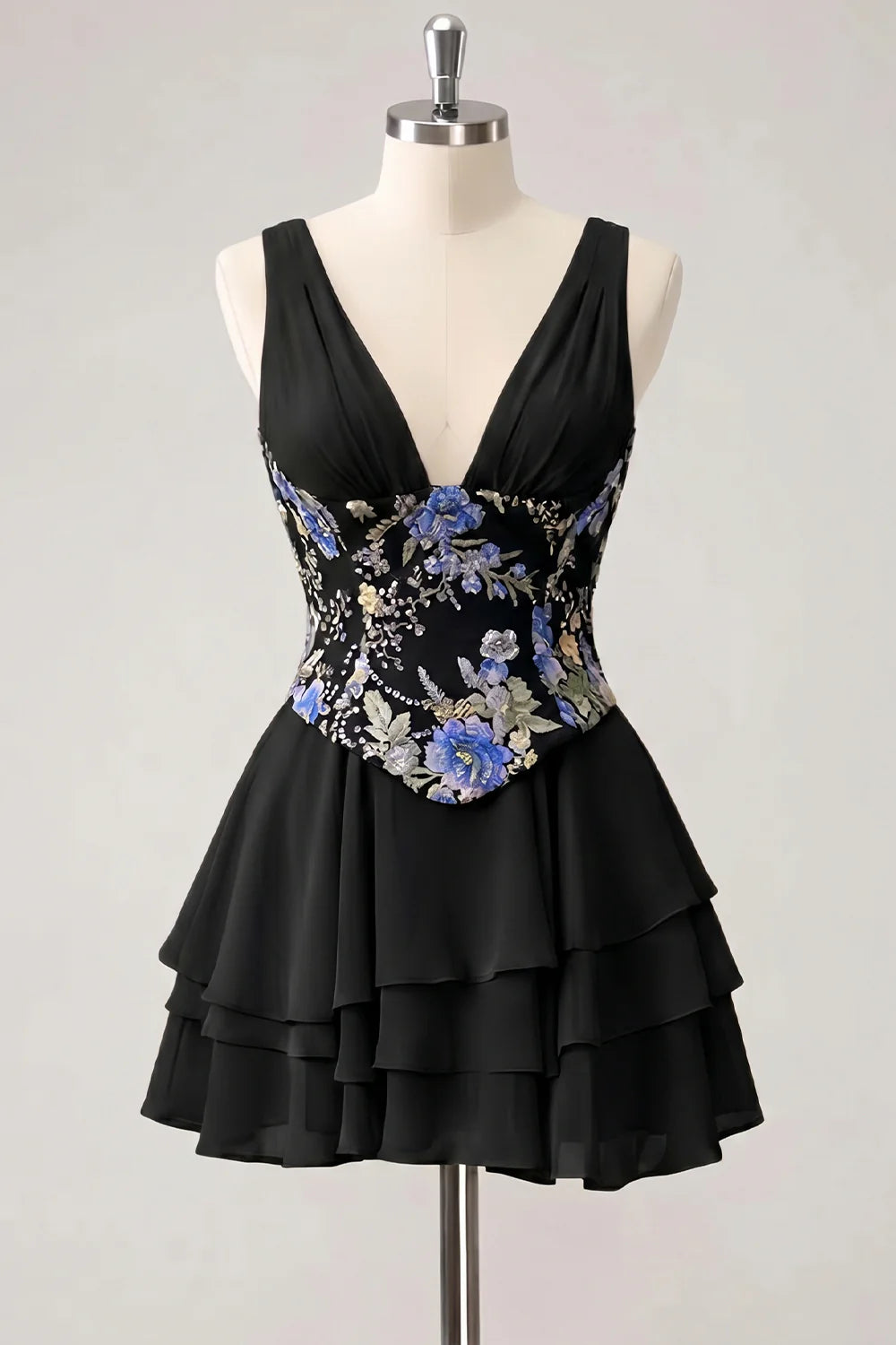 Pink Floral Appliqued V Neck Tiered A Line Homecoming Dress