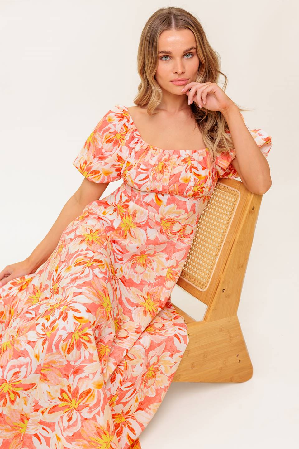 ISLAND FLOWERS PUFF SLEEVE MIDI DRESS CORAL