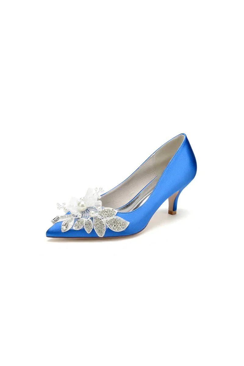 Floral Beading Pointed Toe Satin Kitten Heels